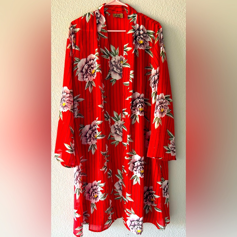 Women’s bright floral kimono.
